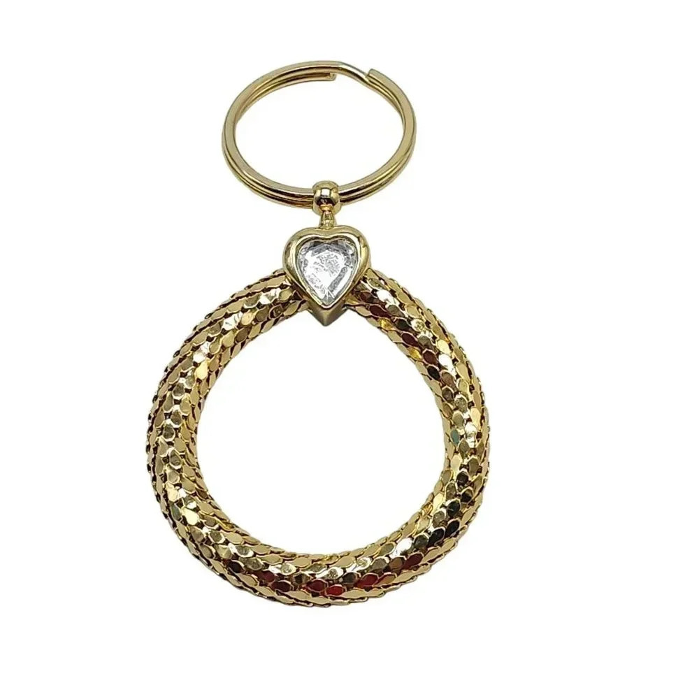 Clear Rhinestone Heart Metal Mesh Round Keychain Gold Tone Vintage